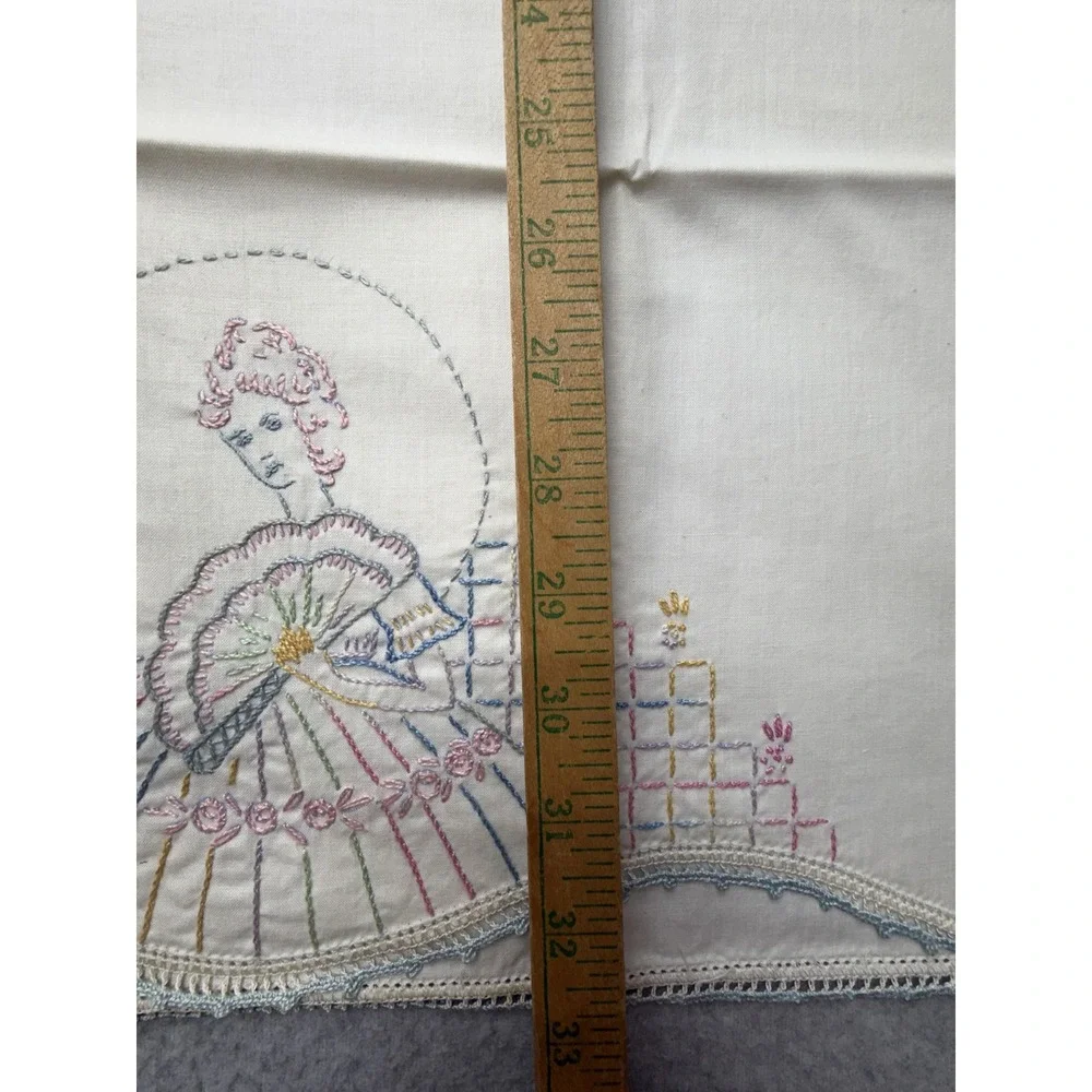 Hand Embroidered Pillowcases Set of 2 Pastel Lady with Fan Crochet‎ Lace Trim